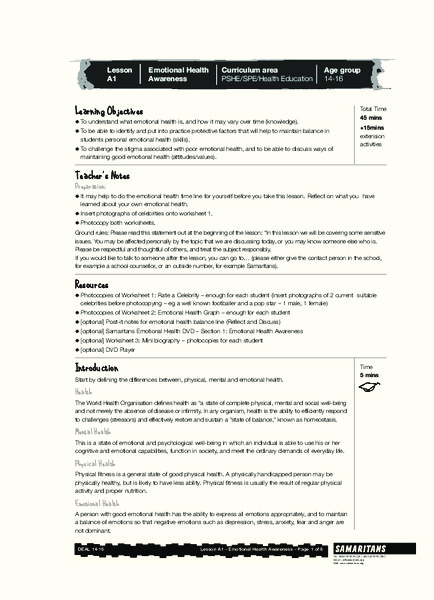 Emotional Health Awareness Lesson Plan