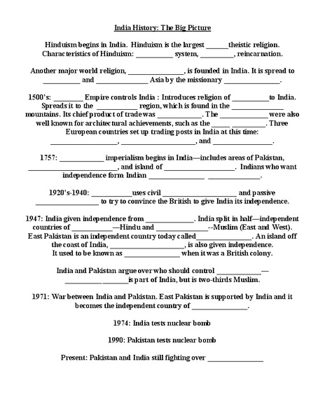 India History: The Big Picture Worksheet