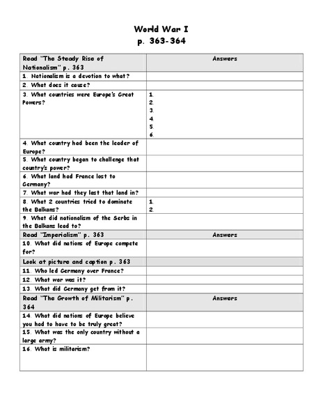 World War I Worksheet