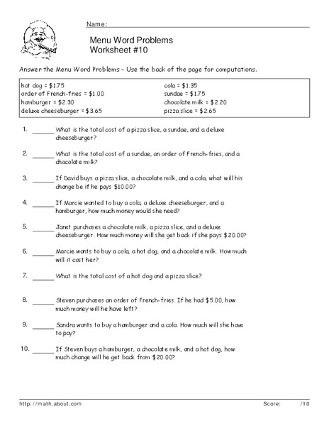 Menu Word Problems Worksheet