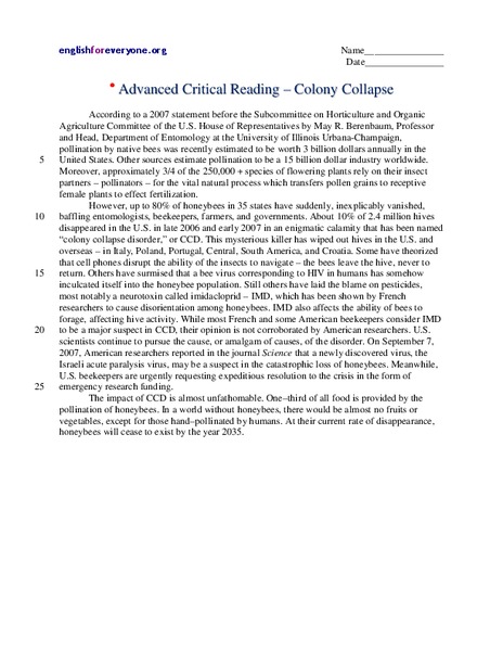 Advanced Critical Reading: Colony Collapse Worksheet