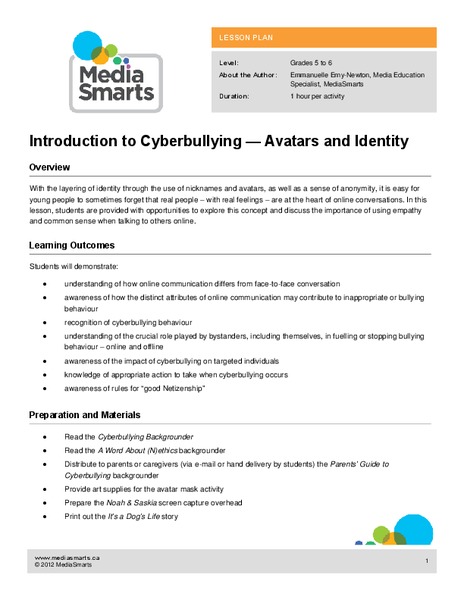 Introduction to Cyberbullying — Avatars and Identity Lesson Plan