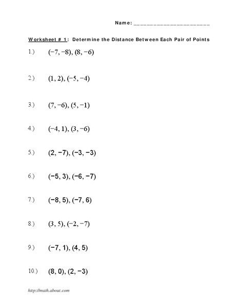 Determining Distance Between Pairs of Points Worksheet