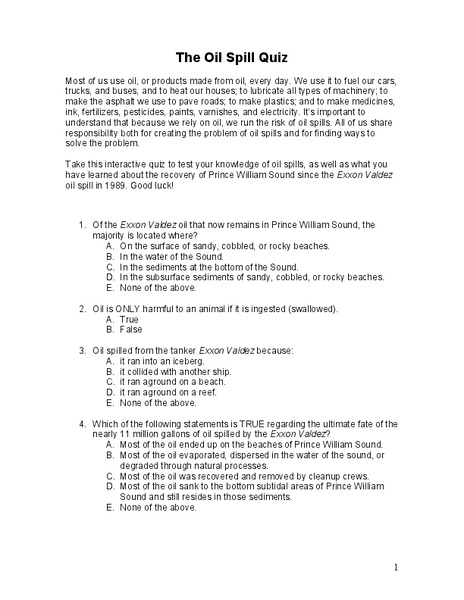 The Oil Spill Quiz Worksheet