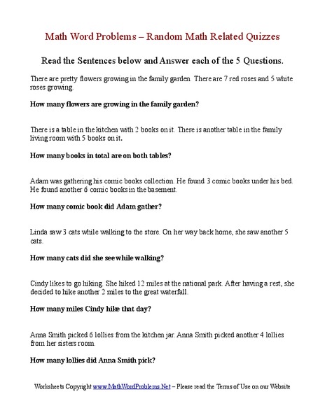 Math Word Problems – Random Math Related Quizzes Worksheet