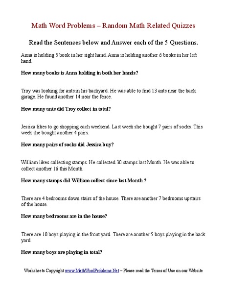Addition Word Problems - Random Math Related Quizzes Worksheet