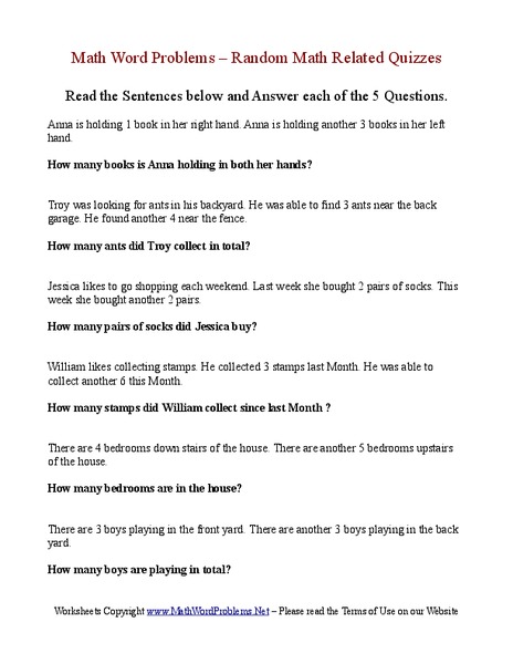 Math Word Problems:  Simple Addition Worksheet