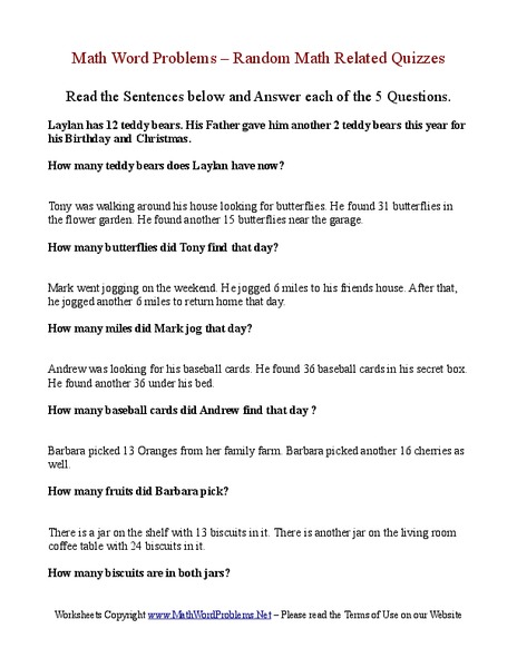 Addition word problems Worksheet