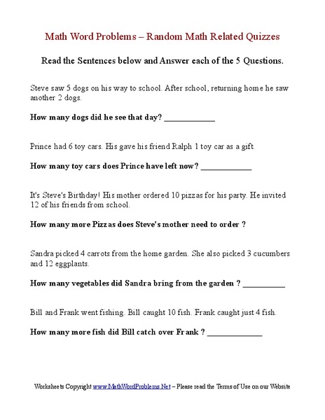 Math Word Problems:  Simple Addition and Subtraction Worksheet