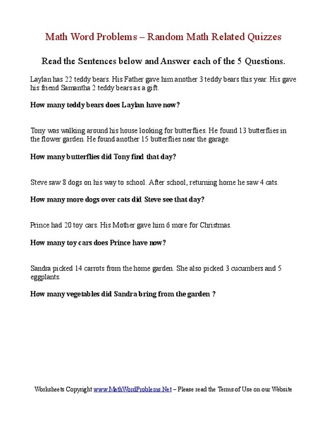 Math Word Problems:  Addition and Subtraction Worksheet