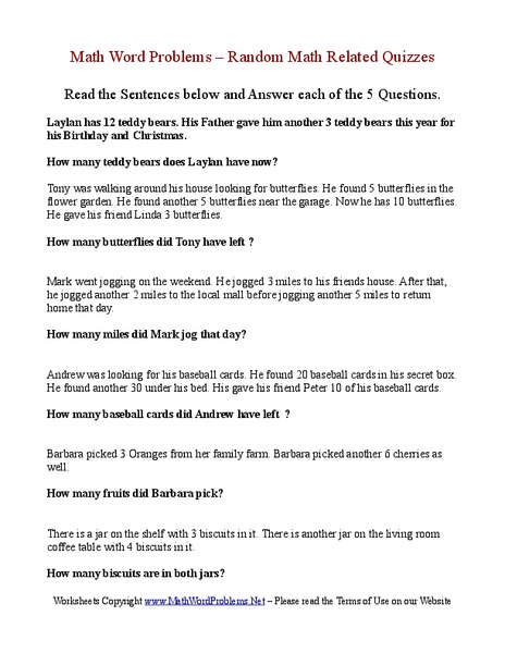 Math Word Problems: Add and Subtract Worksheet