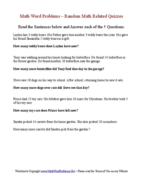 Addition and Subtraction word problems Worksheet