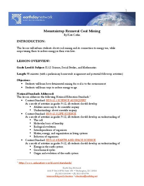 Mountaintop Removal Coal Mining Lesson Plan