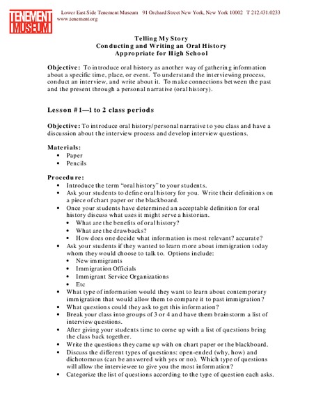 Telling My Story: Conducting and Writing an Oral History Lesson Plan