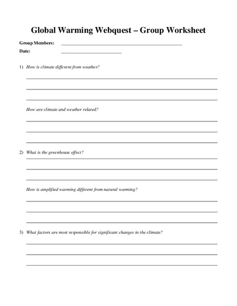 Global Warming Webquest - Group Worksheet Worksheet