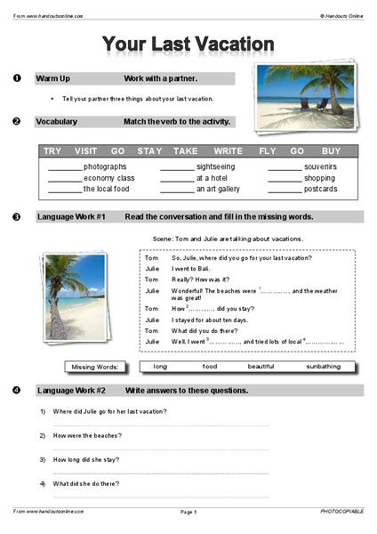 Your Last Vacation Worksheet