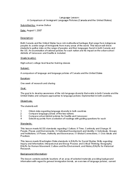 A Comparison of Immigrant Language Policies (Canada and the United States) Lesson Plan