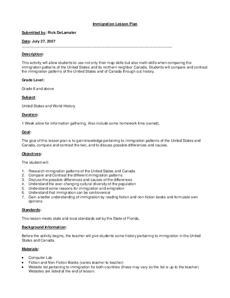 Immigration Lesson Plan Lesson Plan