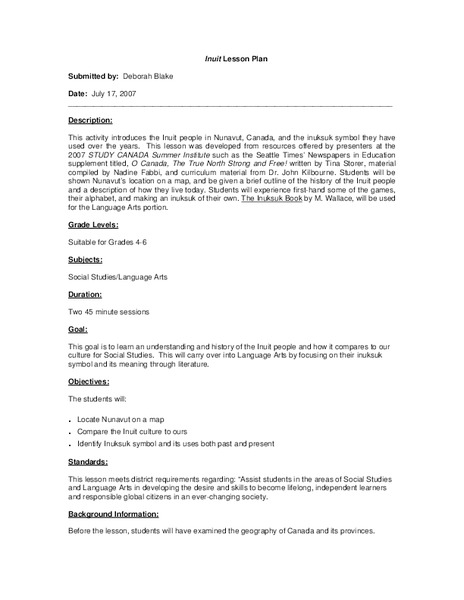 Inuit Lesson Lesson Plan