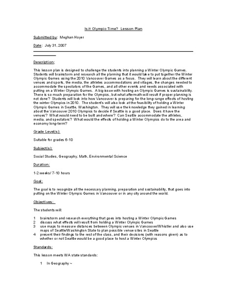 Is it Olympic Time? Lesson Plan