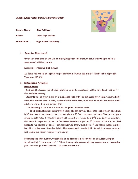 Pythagorean Theorem:  Algebra/Geometry Institute Summer 2010 Lesson Plan