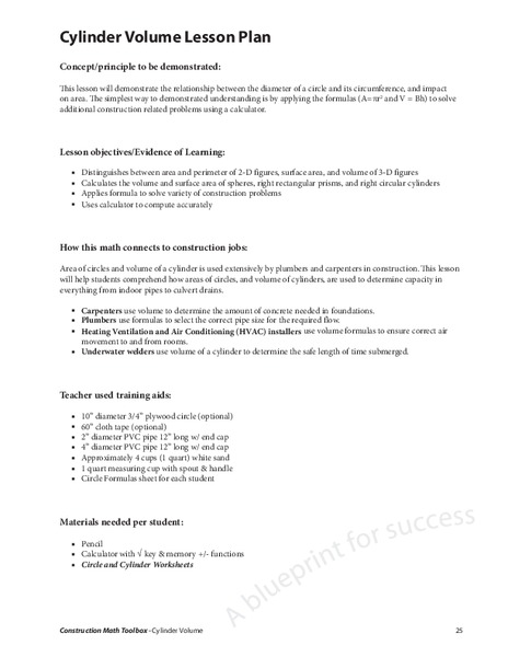 Cylinder Volume Lesson Plan Lesson Plan