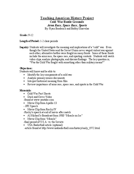 Cold War Battle Grounds Arms Race, Space Race, Sports     Lesson Plan