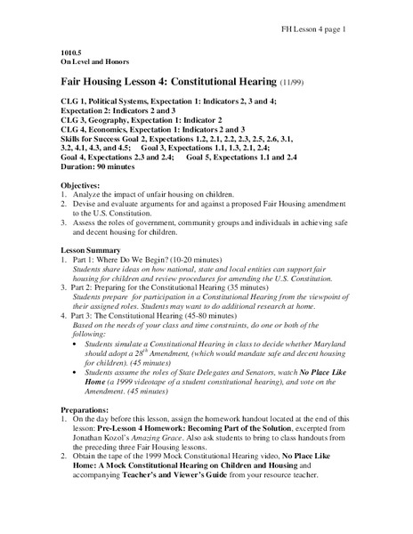 Fair Housing Lesson 4: Constitutional Hearing Lesson Plan
