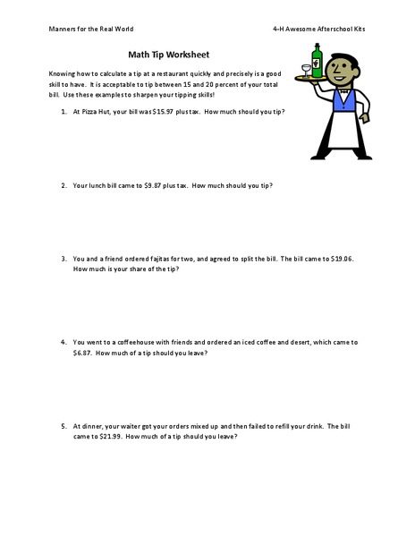 Calculating Tips Worksheet
