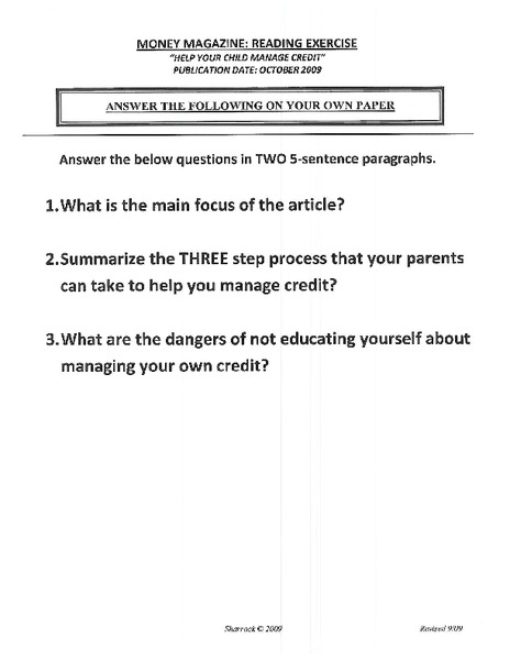 Help Your Child Manage Credit Worksheet