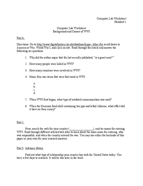 Computer Lab Worksheet Background and Causes of WWI  Worksheet