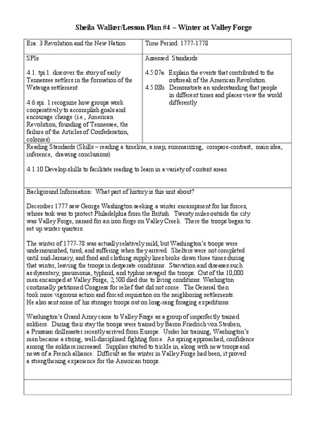 Winter at Valley Forge Lesson Plan