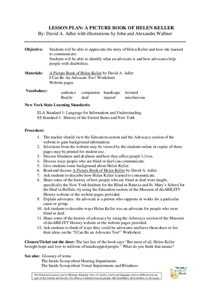 A Picture Book of Helen Keller Lesson Plan
