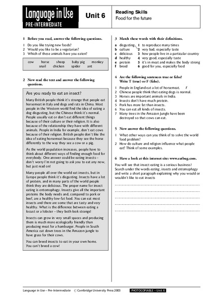 Reading Skills: Food for the Future Worksheet