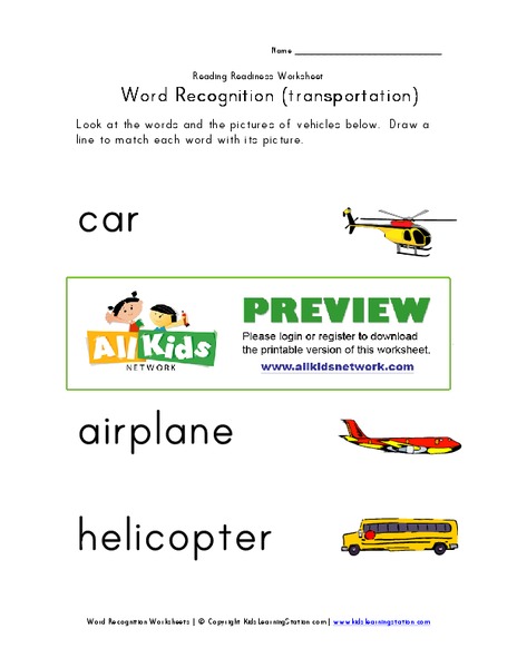 Word Recognition--Transportation Worksheet