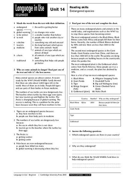 Reading Skills: Endangered Species Worksheet