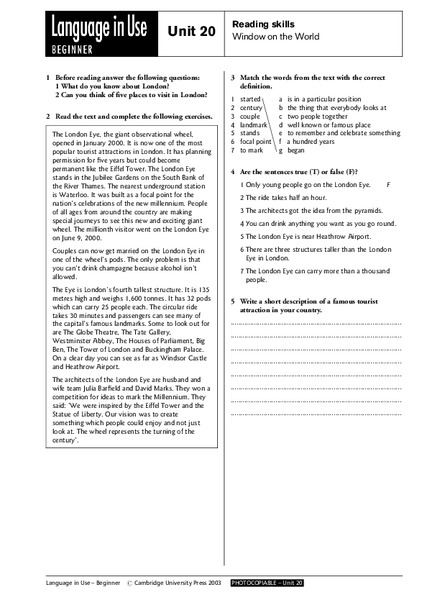 Reading Skills: Window on the World Worksheet