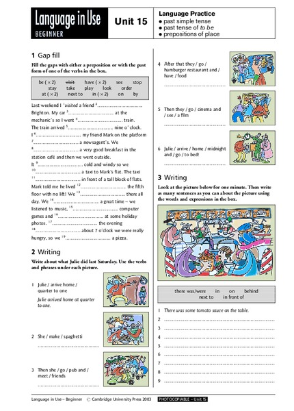 Language Practice: Simple Past tense, Past Tense of "to be" and the Preposition of Place Worksheet