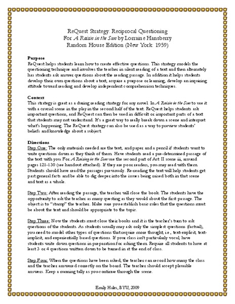 ReQuest Strategy: Reciprocal Questioning Lesson Plan