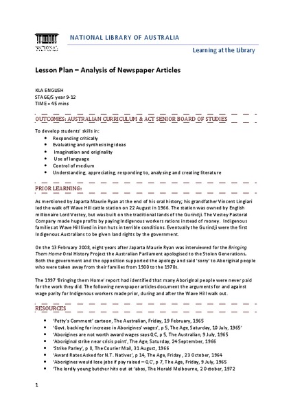 Analysis of Newspaper Articles Lesson Plan