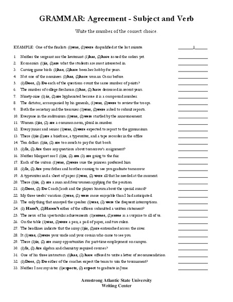 Grammar: Agreement - Subject and Verb Worksheet