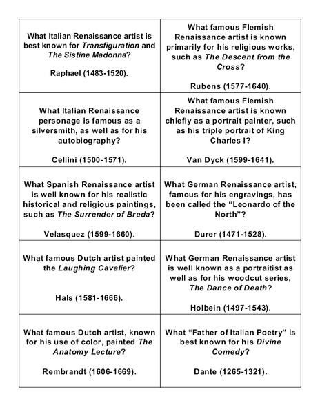 Renaissance Art: Flash Cards Worksheet