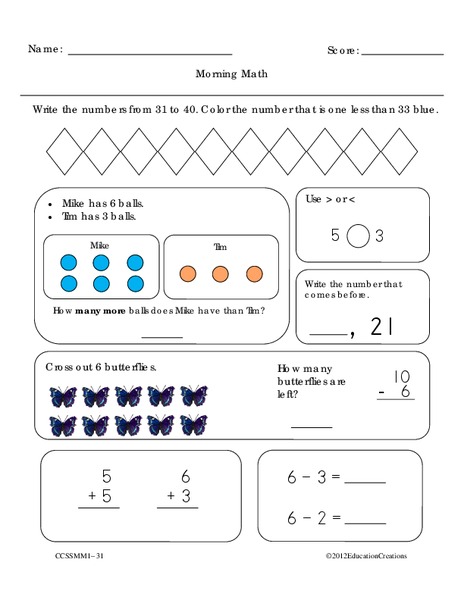Morning Math Worksheet