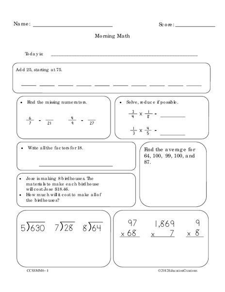 Morning Math Worksheet
