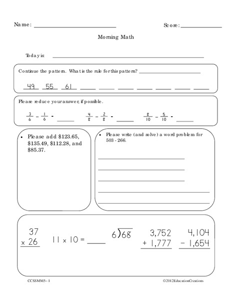 Morning Math Worksheet