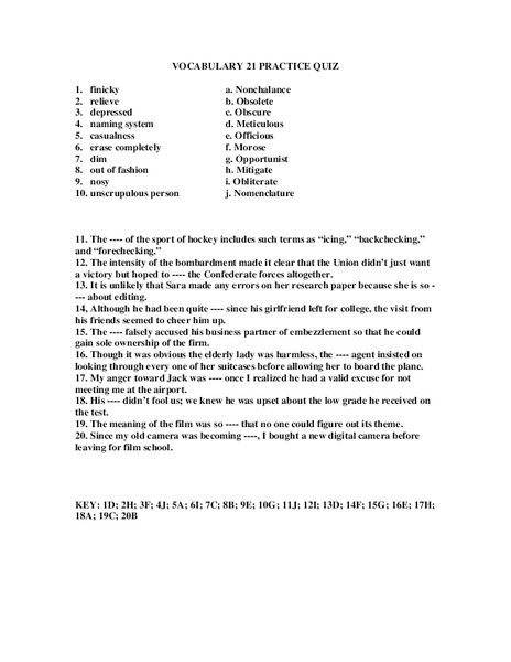 Vocabulary 21 Practice Quiz  Worksheet