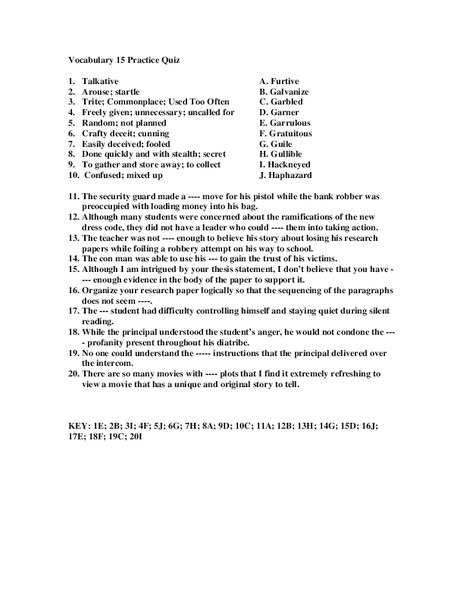 Vocabulary 15 Practice Quiz  Worksheet