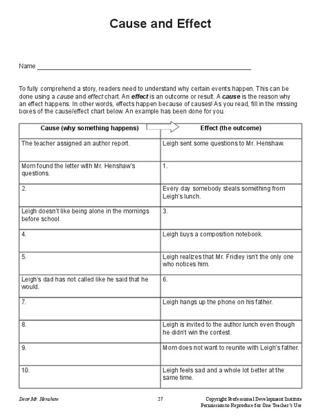 Cause and Effect: Dear Mr. Henshaw Worksheet