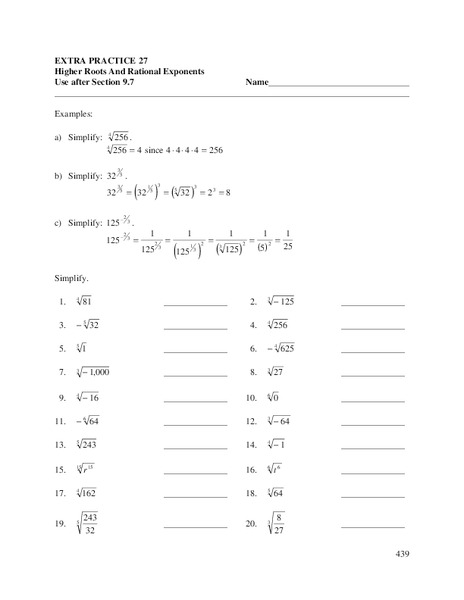 Higher Roots and Rational Exponents Worksheet