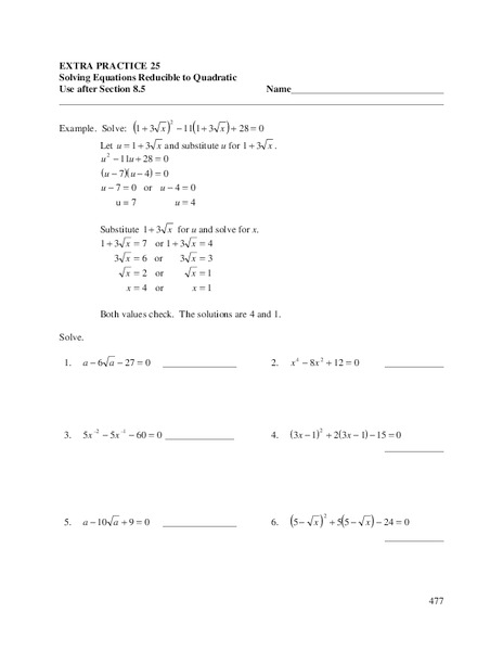 Solving Equations Reducible to Quadratic Worksheet